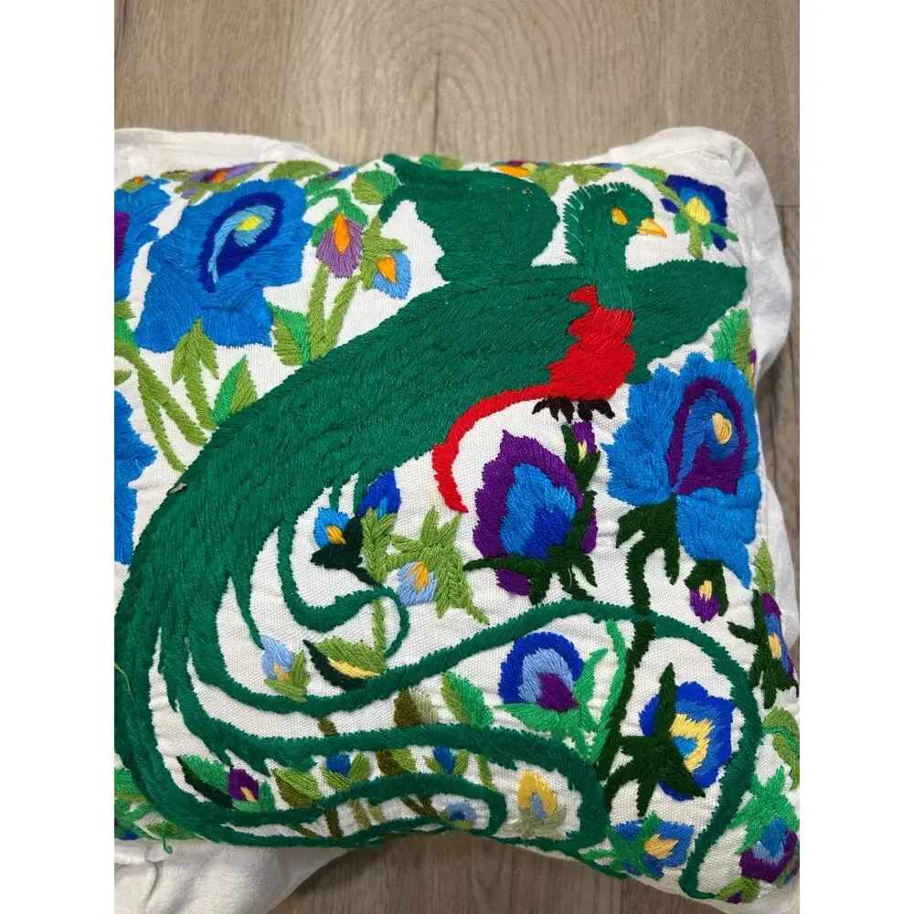 Vintage Handmade Embroidered Peacock Pillow Floral Folk Art Boho Ruffle 16”